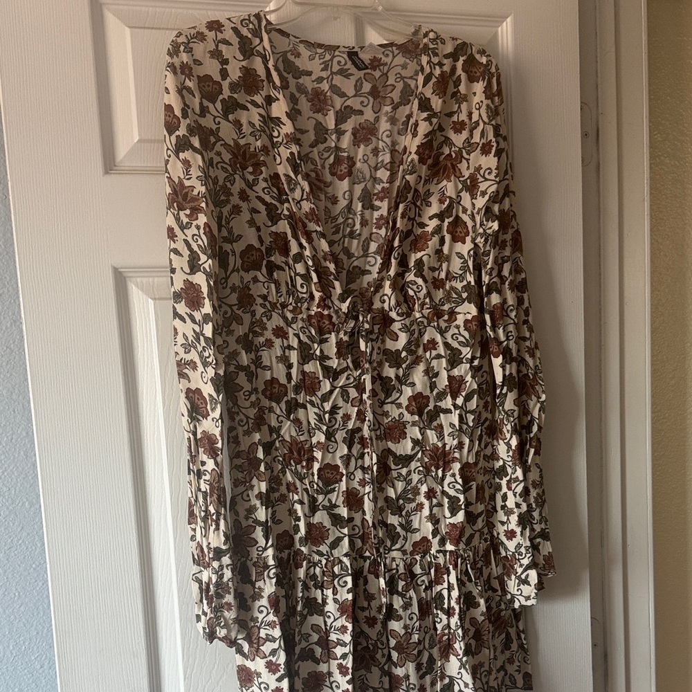H&M Floral Long Sleeve Mini Dress - Cream and Brown